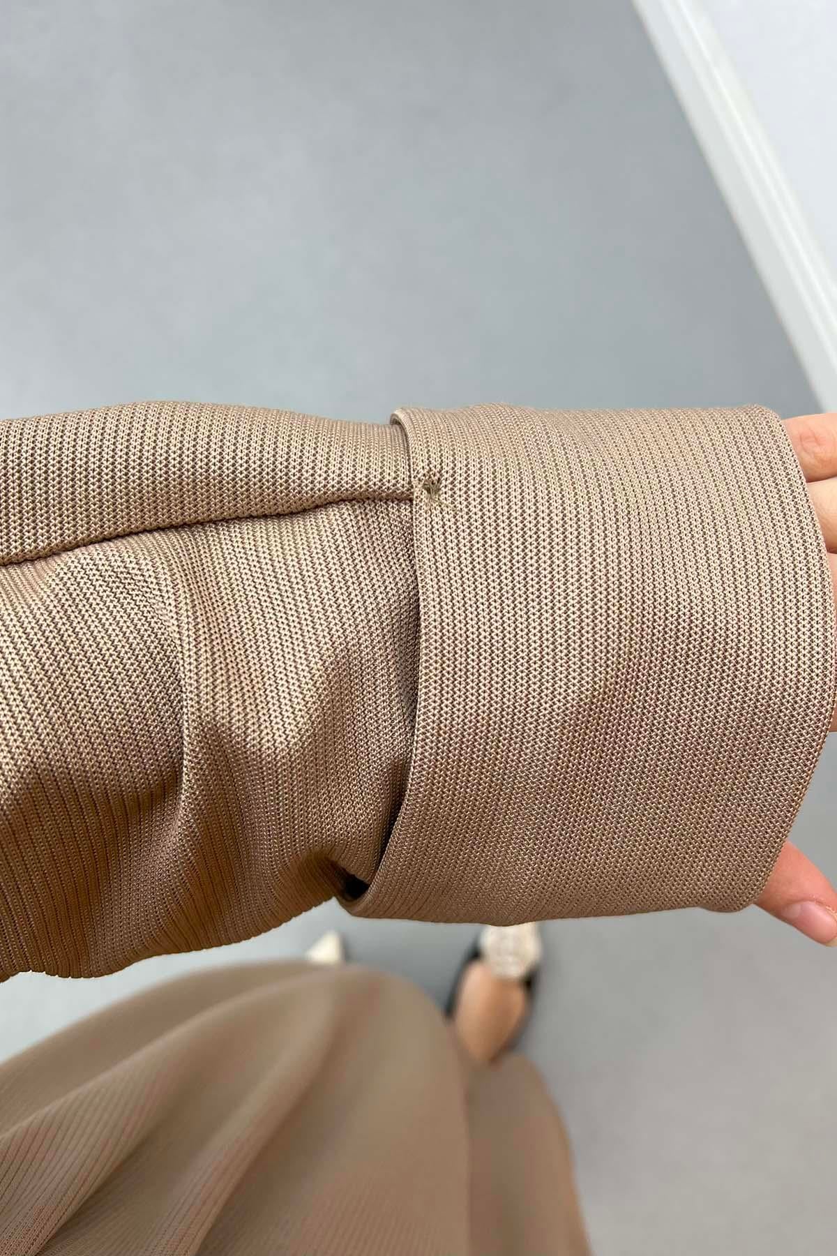 Hasır Kemerli Fitilli Elbise Sütlü Kahve