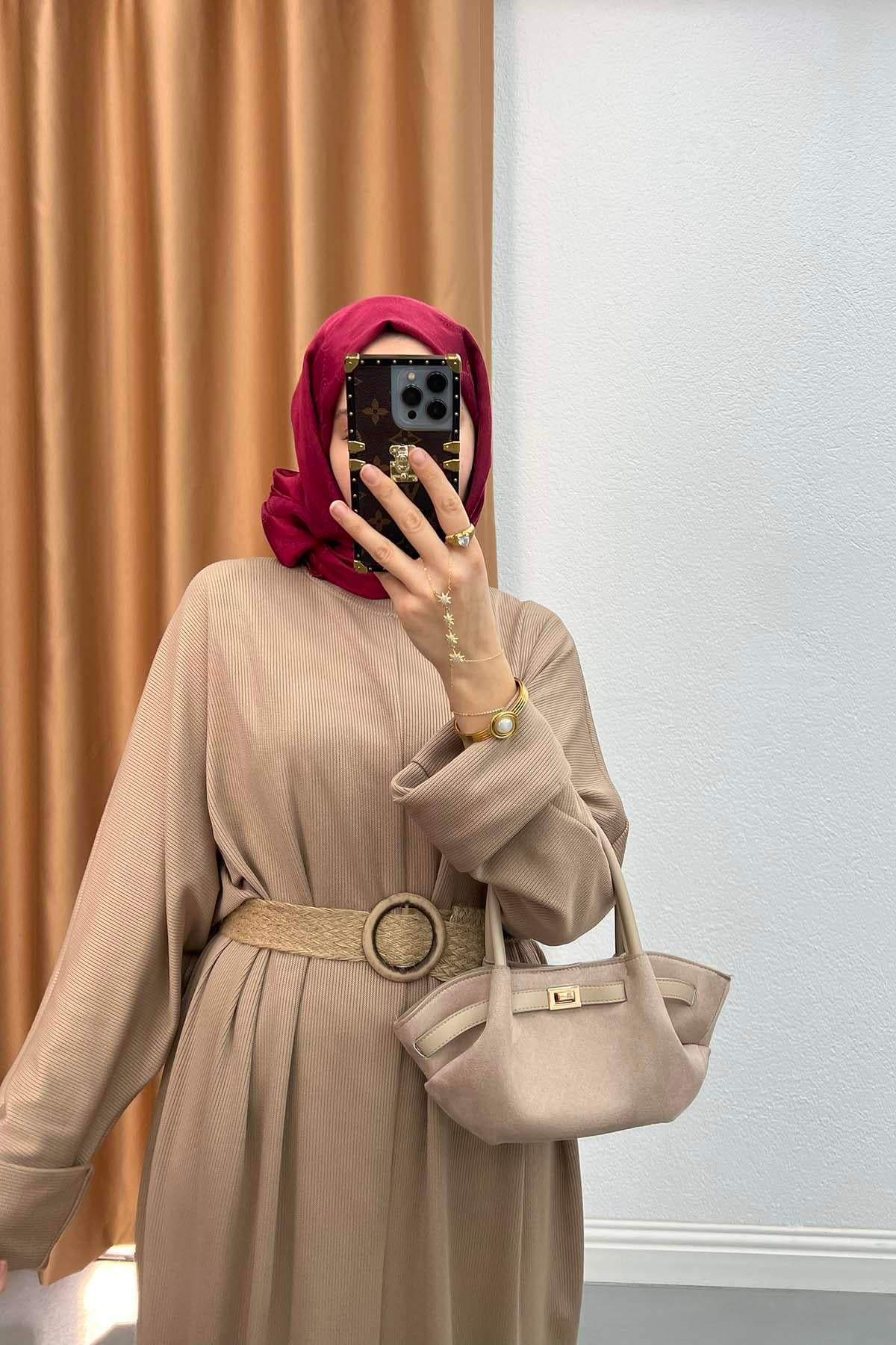 Hasır Kemerli Fitilli Elbise Sütlü Kahve