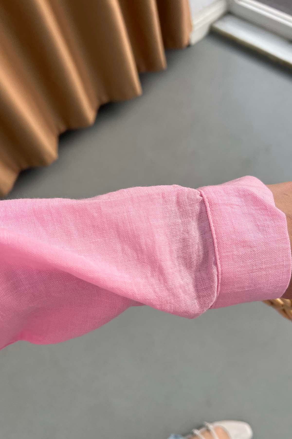 İncili ve Puantiye Fularlı Modern Keten Gömlek Pembe