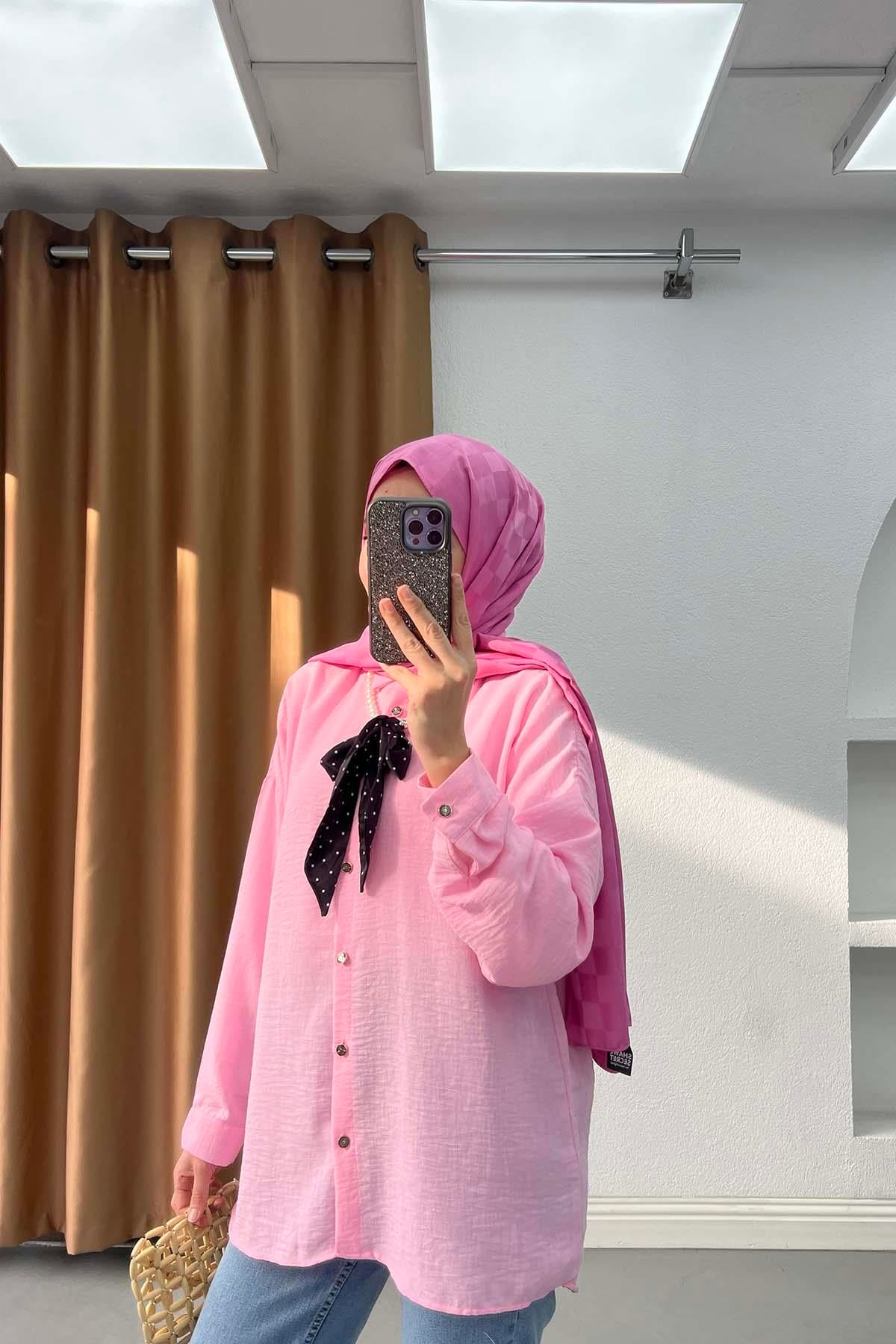 İncili ve Puantiye Fularlı Modern Keten Gömlek Pembe