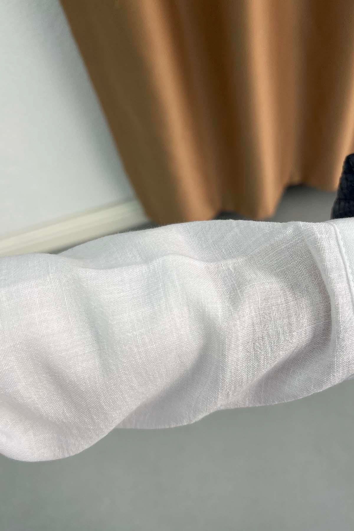 İncili ve Puantiye Fularlı Modern Keten Gömlek Beyaz