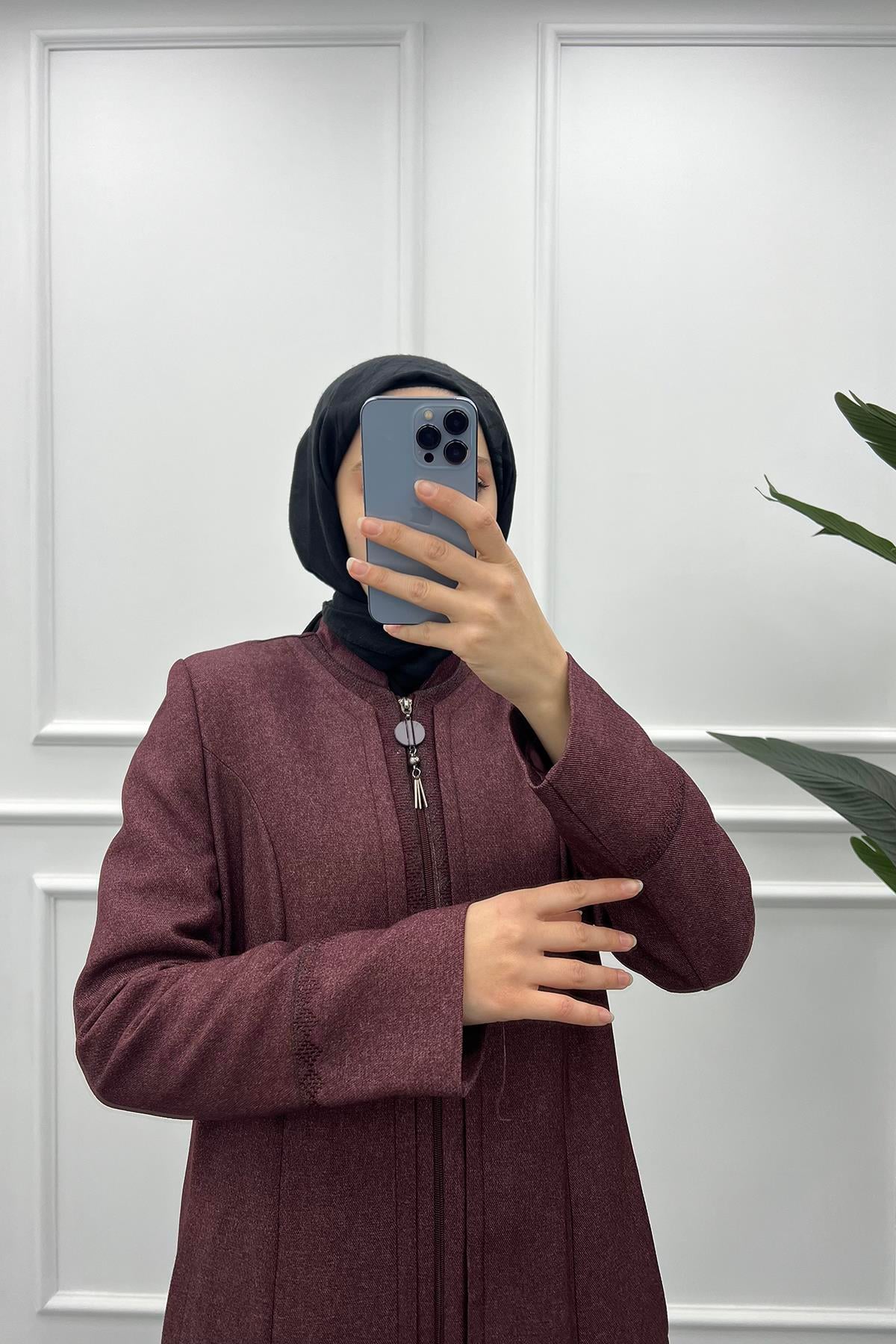 İşlemeli Pardesü Bordo