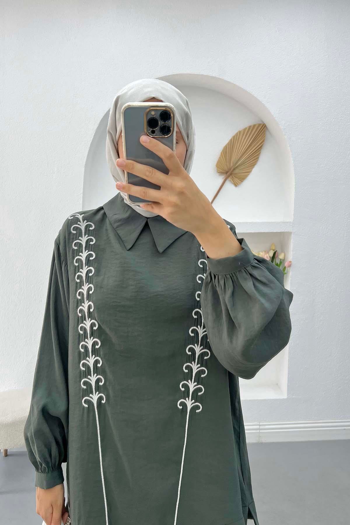 İşlemeli Tunik Takım Haki