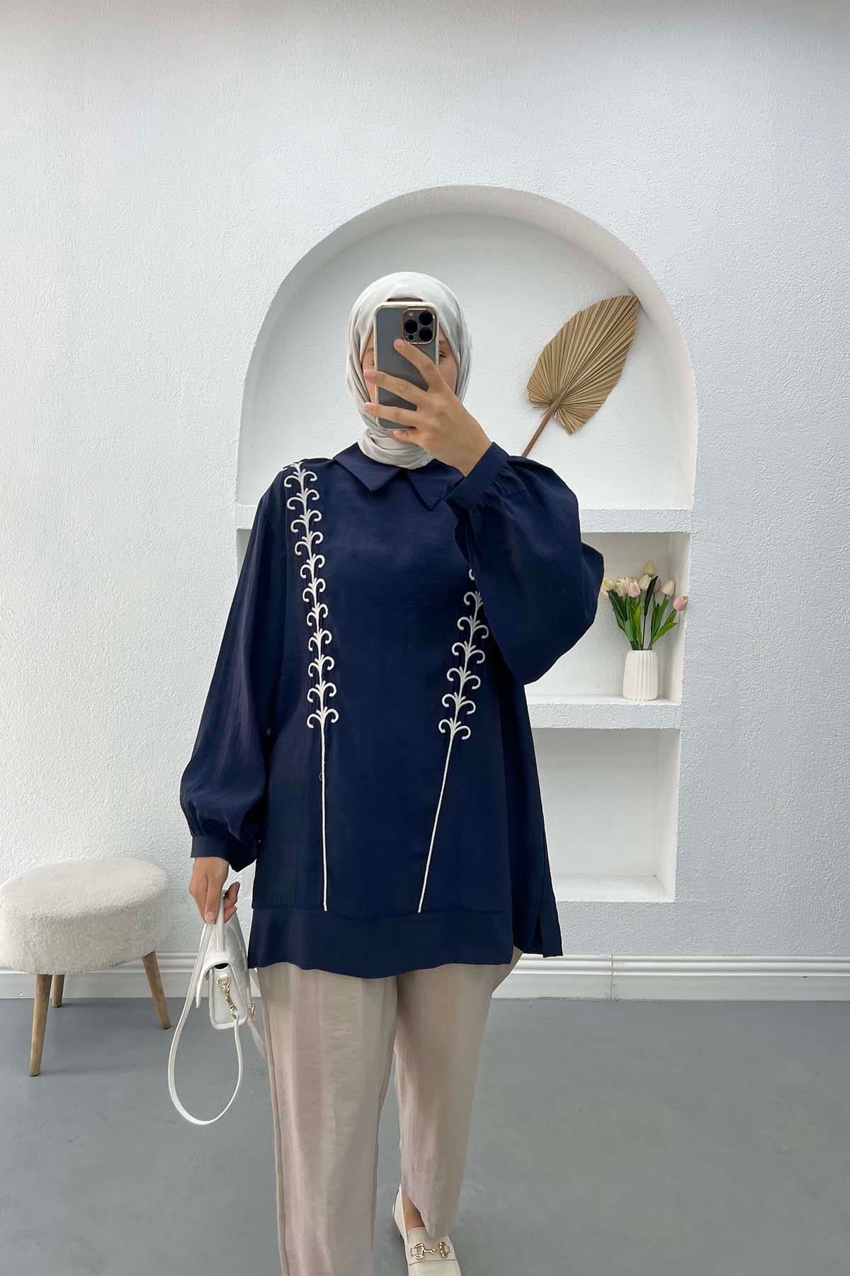 İşlemeli Tunik Takım Lacivert