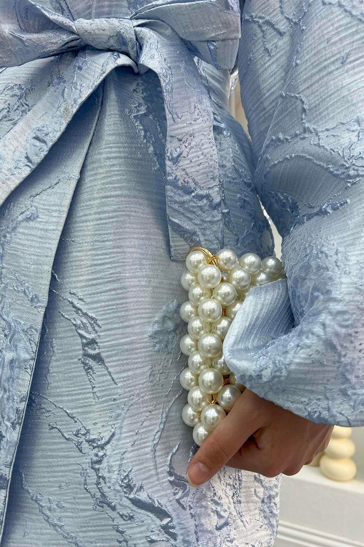 Jakarlı Balon Kol Ceket Mavi