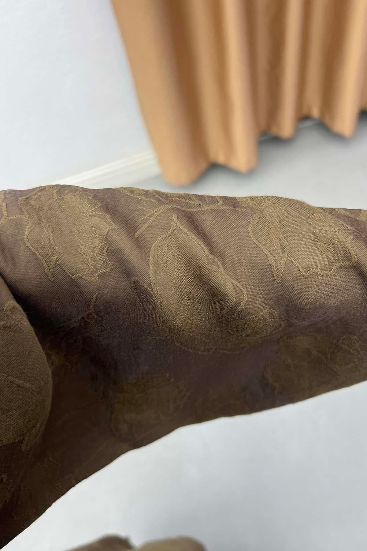 Jakarlı Çiçek Desenli Vintage Elbise Kahve