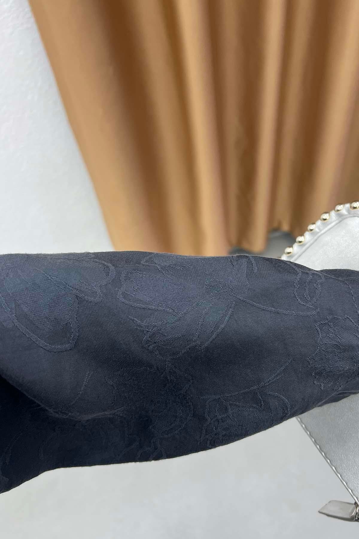 Jakarlı Çiçek Desenli Vintage Elbise Lacivert