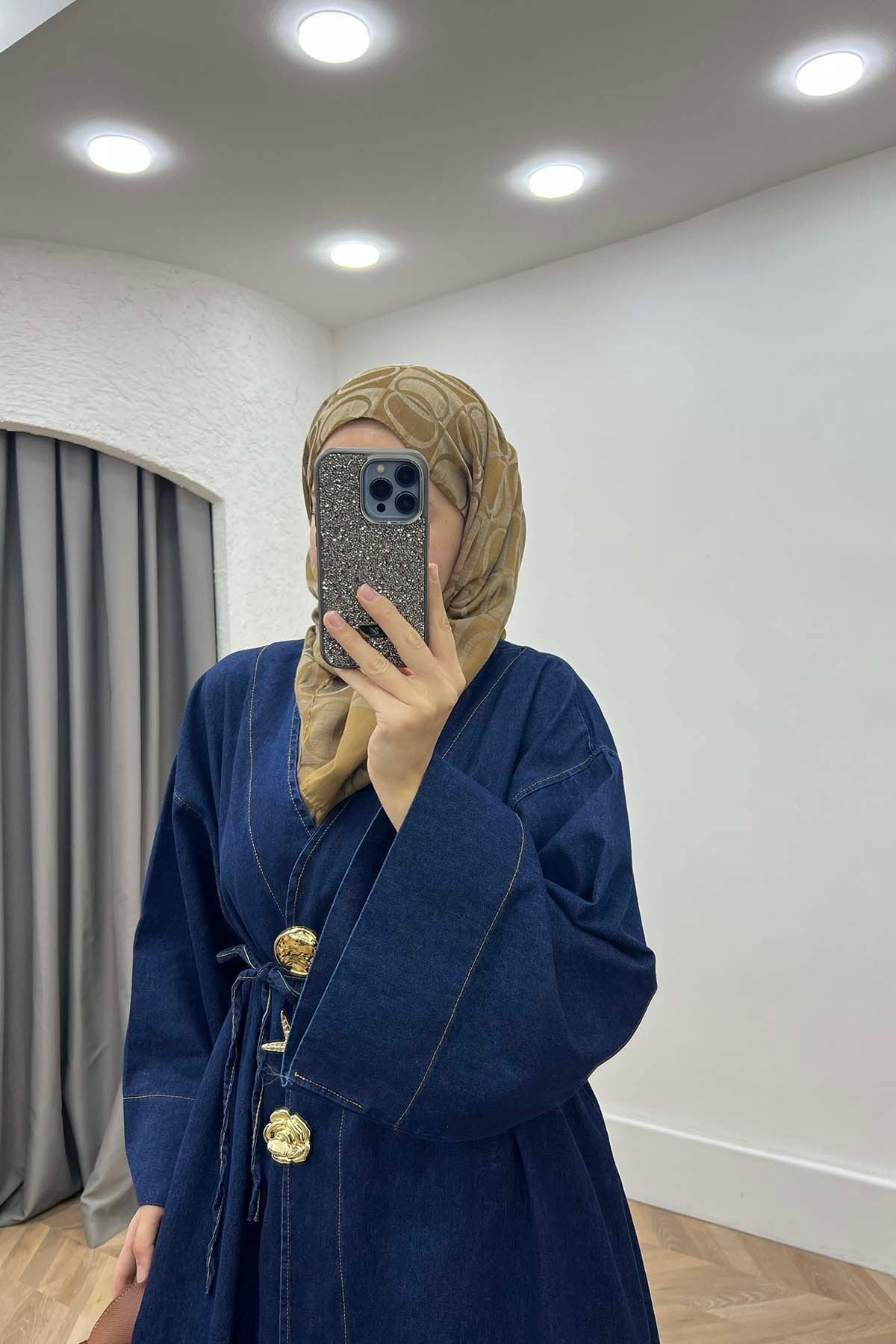 Japon Sakura Tarz Kemerli Kot Kimono Koyu Mavi