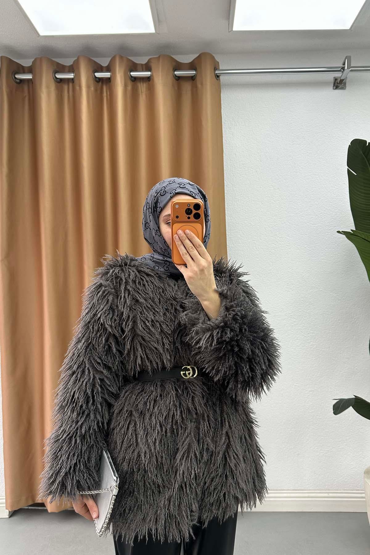 Kabarık Tüylü Ceket Antrasit