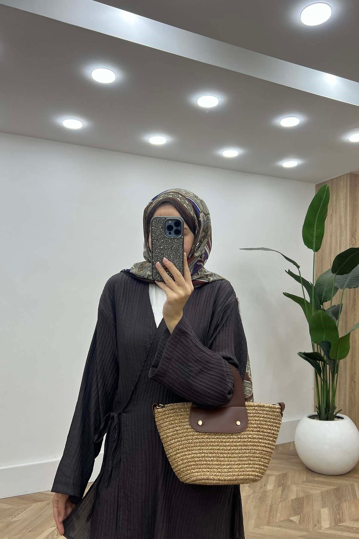 Kabartma Çizgili Kimono Çilek Takım Kahve
