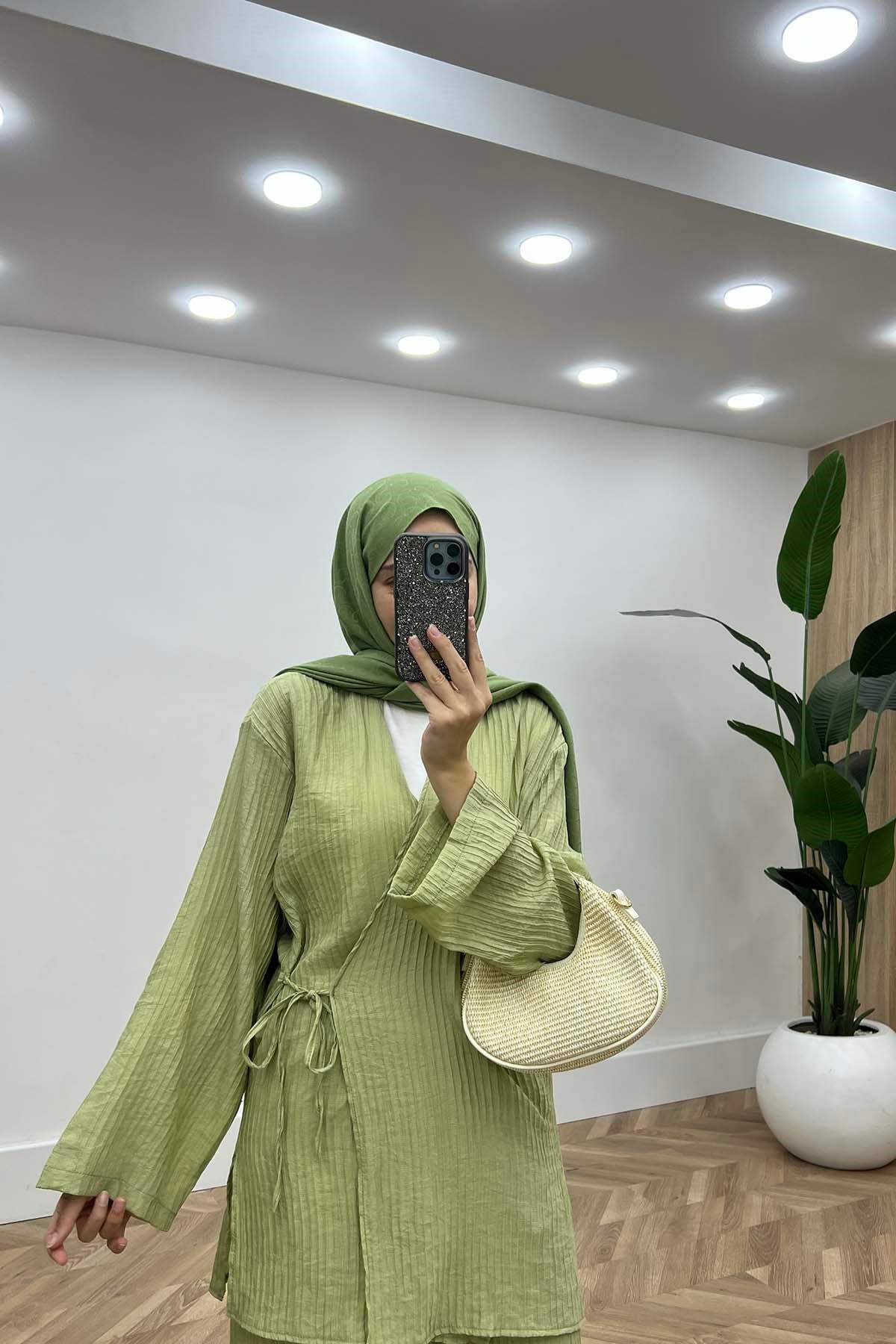 Kabartma Çizgili Kimono Çilek Takım Su Yeşili