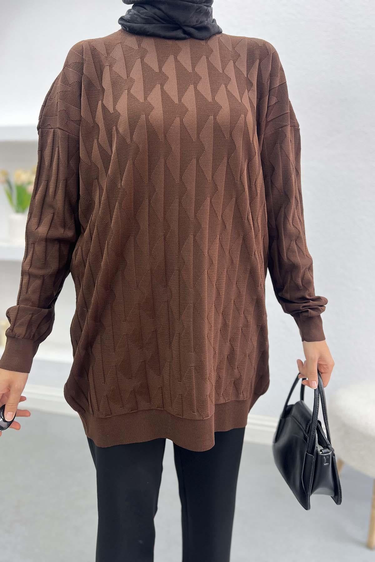 Kabartmalı Merserize Tunik Kahve