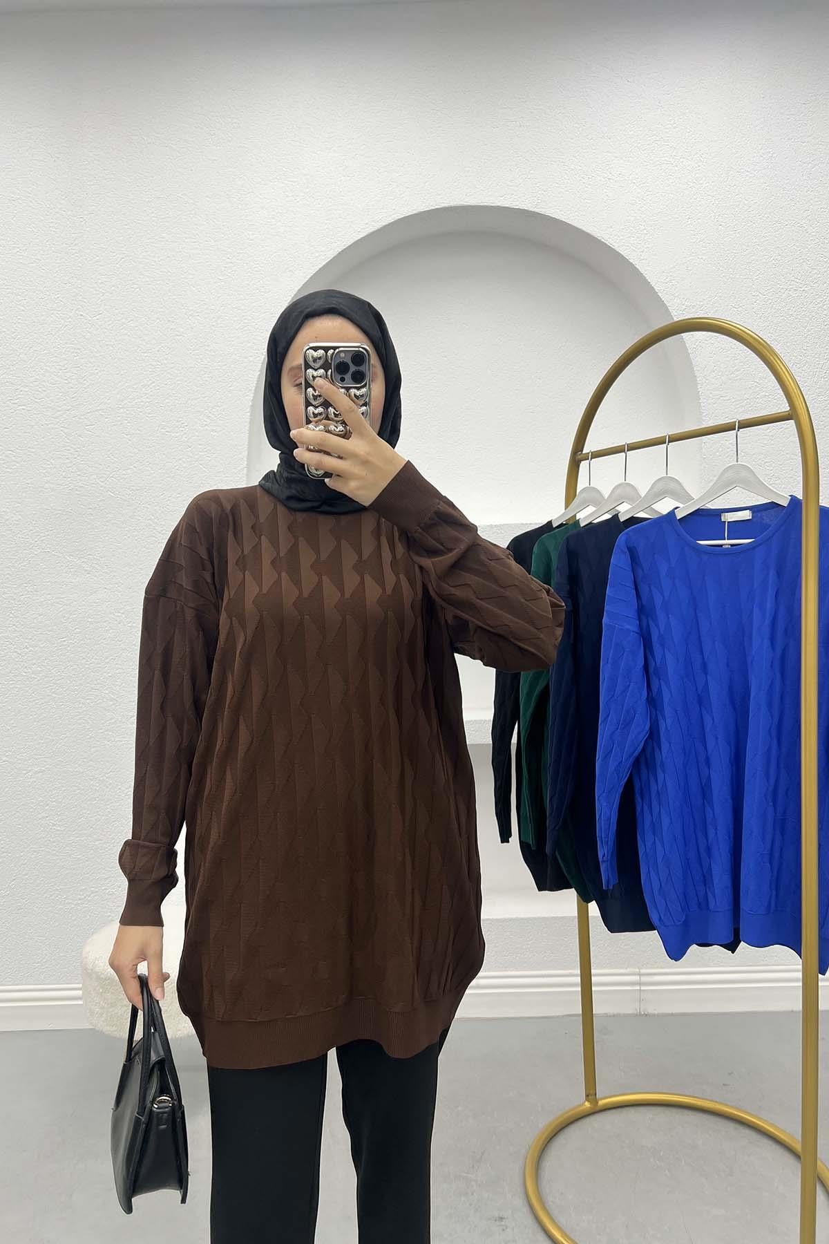 Kabartmalı Merserize Tunik Kahve