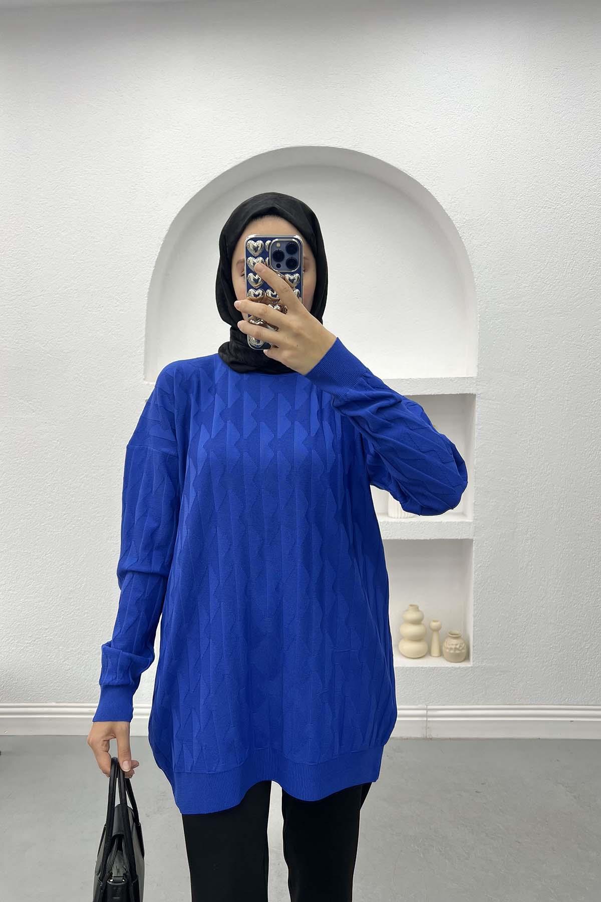 Kabartmalı Merserize Tunik Saks Mavi