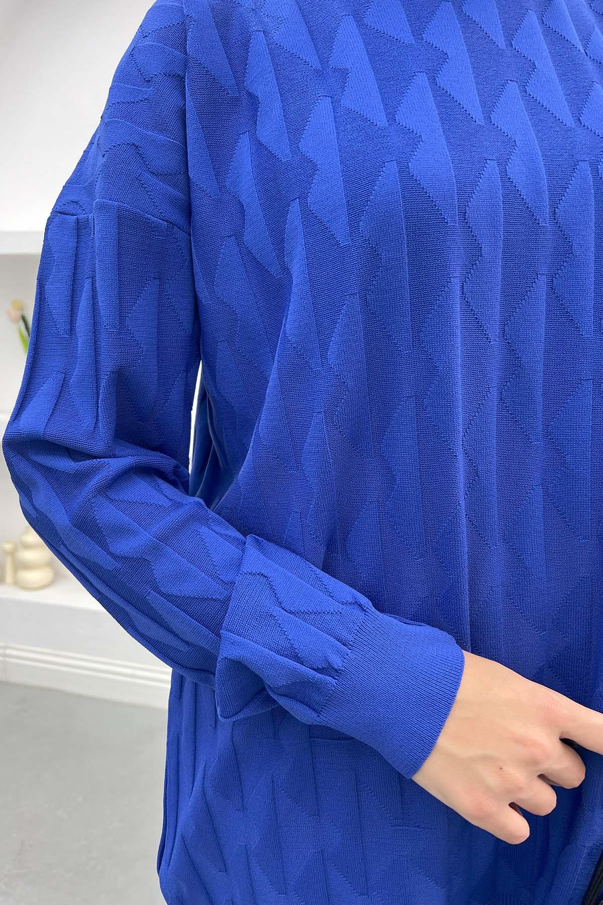 Kabartmalı Merserize Tunik Saks Mavi