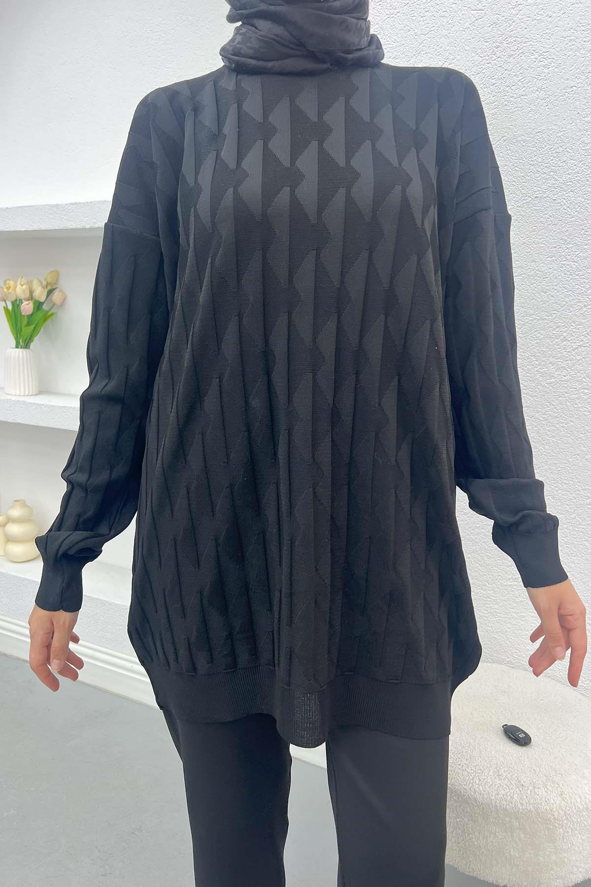 Kabartmalı Merserize Tunik Siyah
