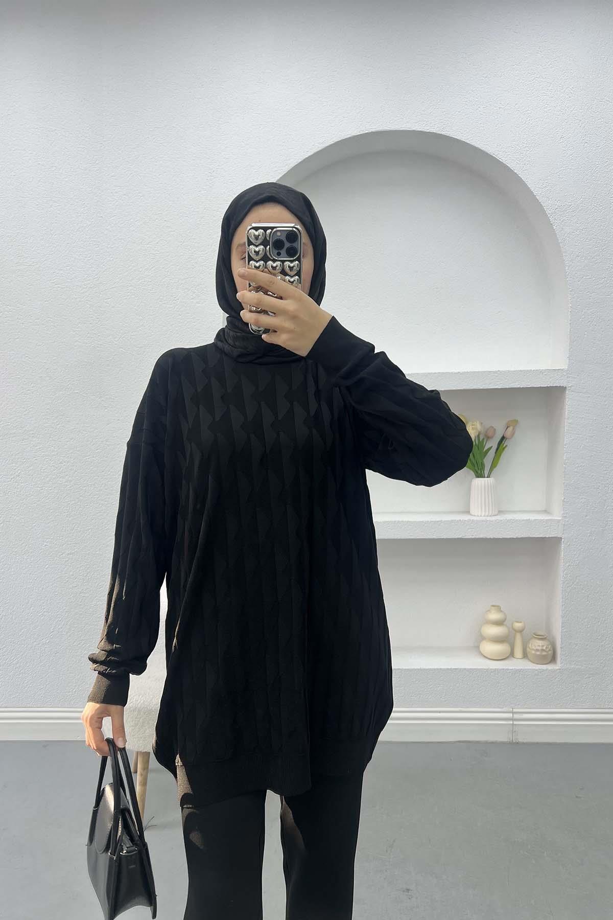 Kabartmalı Merserize Tunik Siyah