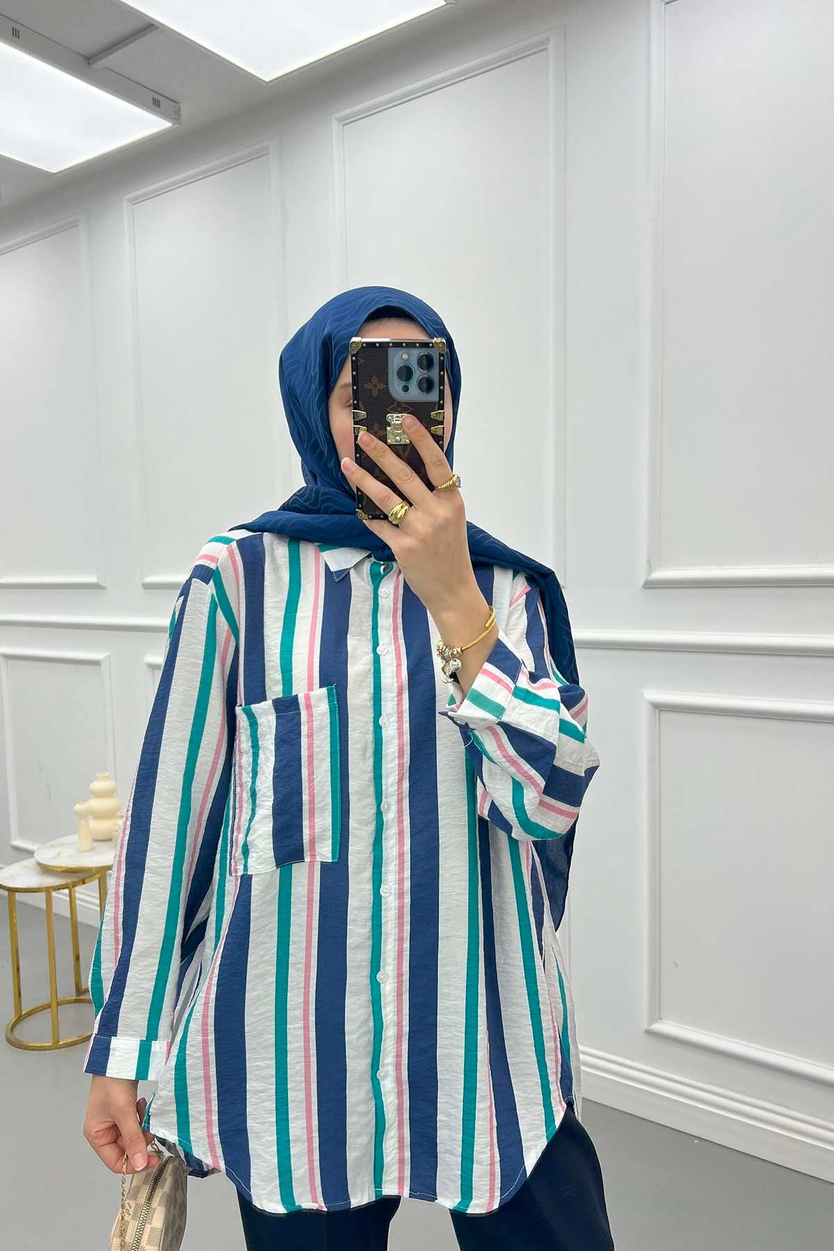 Kalın Çizgili Oversize Gömlek Su Yeşili