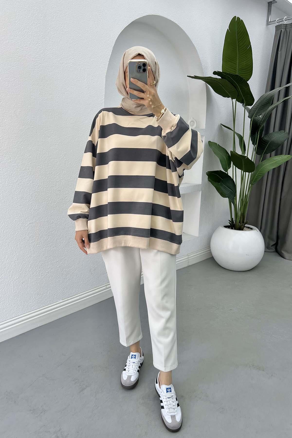 Kalın Çizgili Oversize Sweatshirt Füme