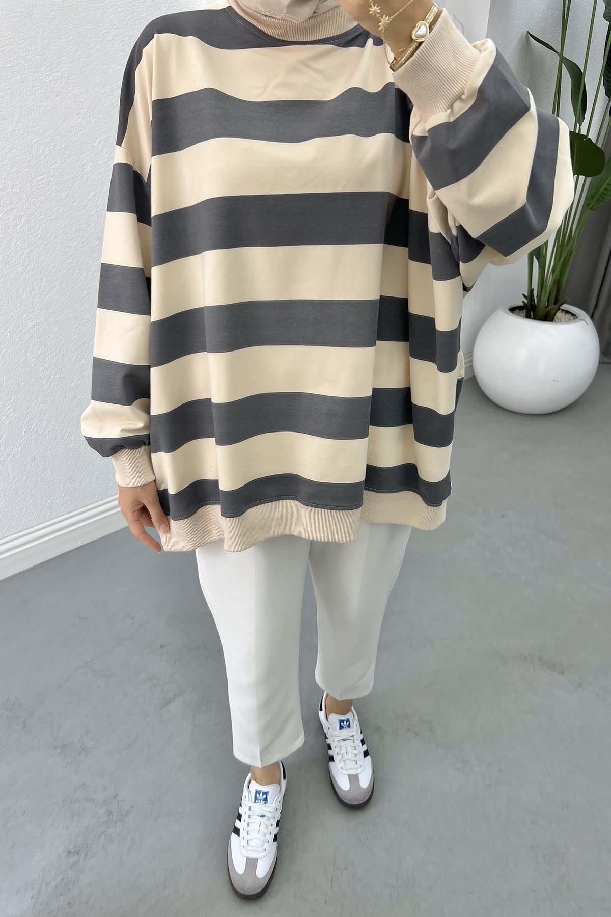 Kalın Çizgili Oversize Sweatshirt Füme