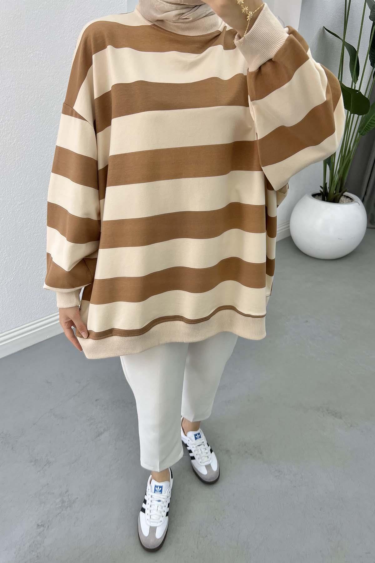 Kalın Çizgili Oversize Sweatshirt Kahve