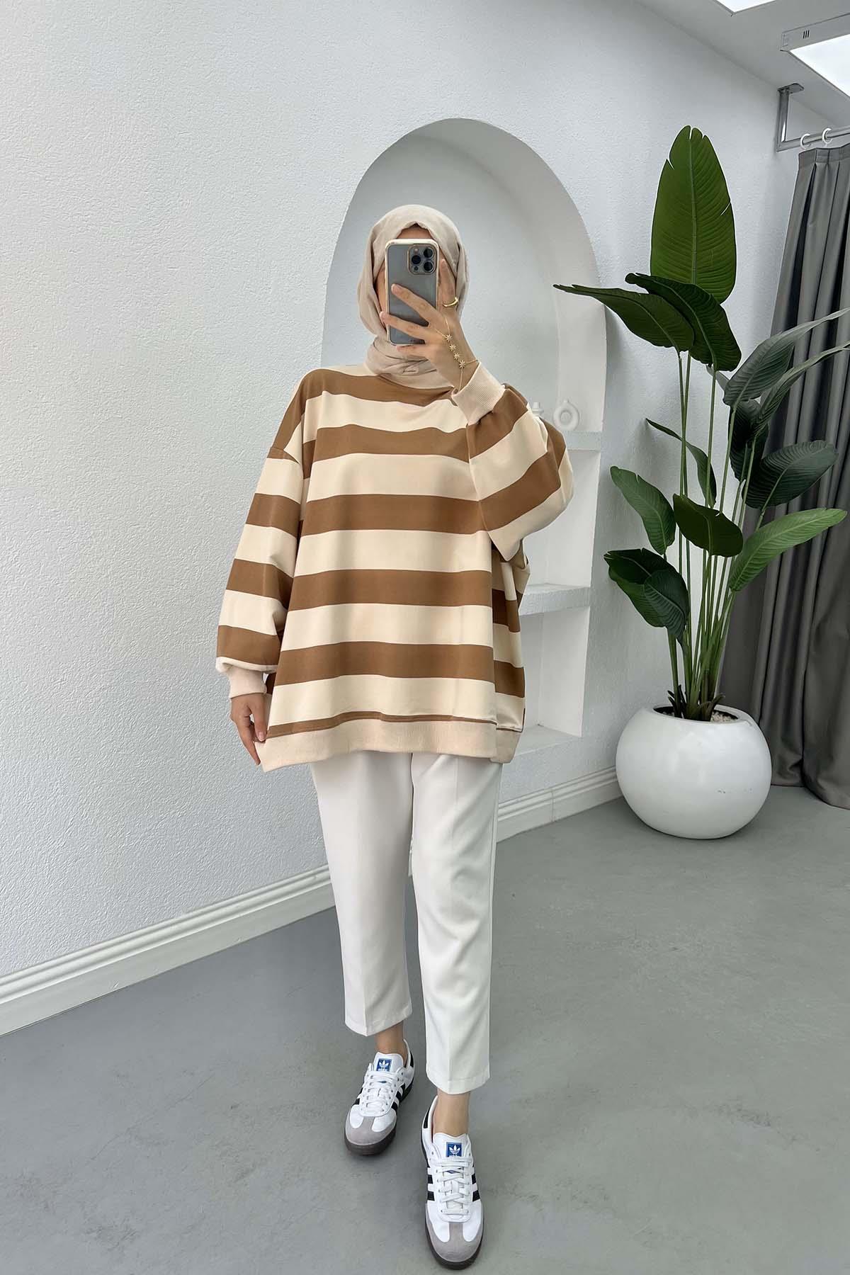 Kalın Çizgili Oversize Sweatshirt Kahve