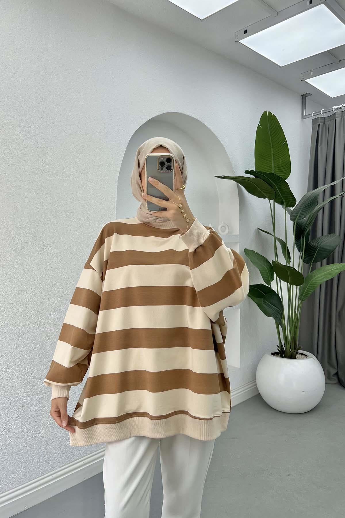 Kalın Çizgili Oversize Sweatshirt Kahve