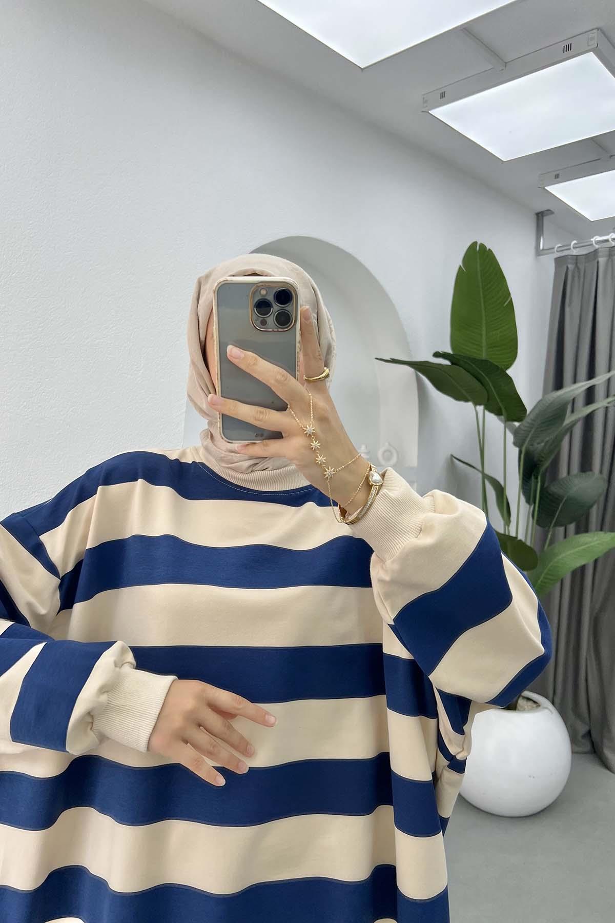 Kalın Çizgili Oversize Sweatshirt Lacivert