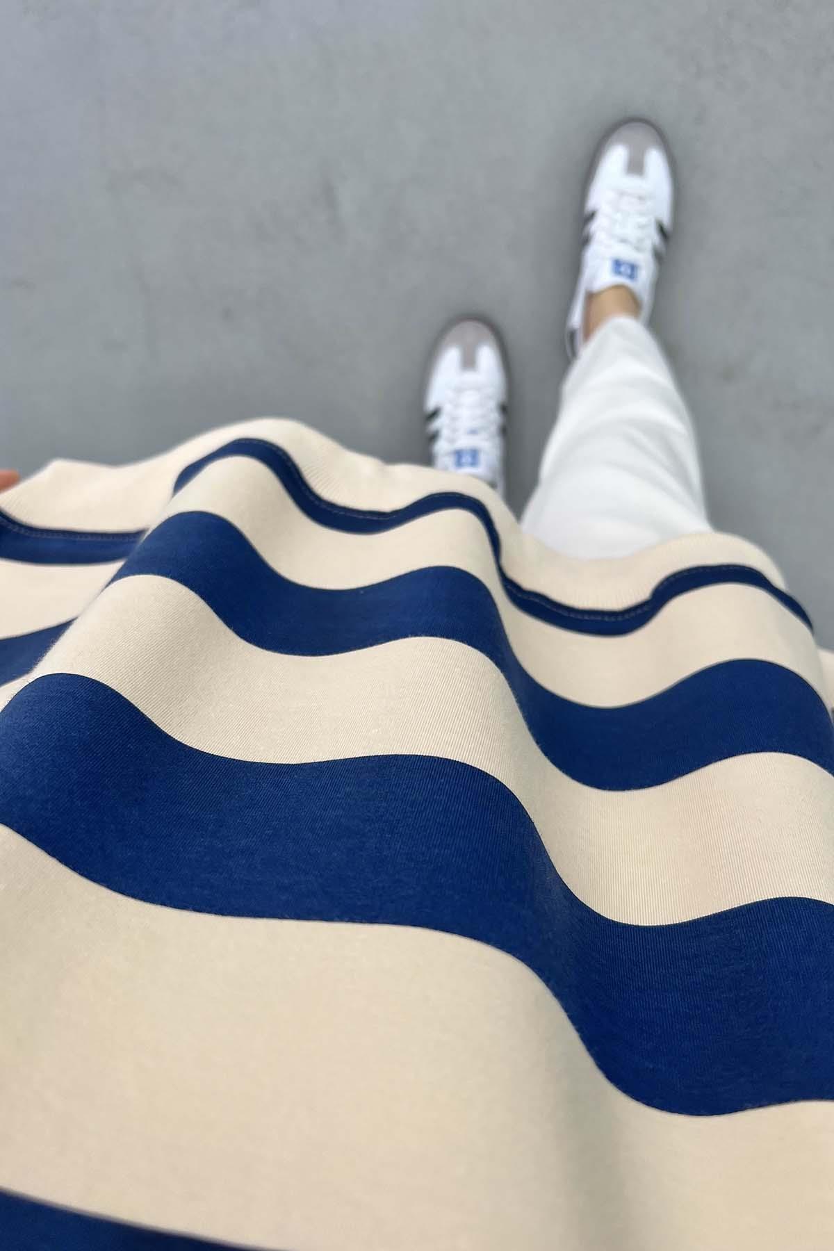 Kalın Çizgili Oversize Sweatshirt Lacivert