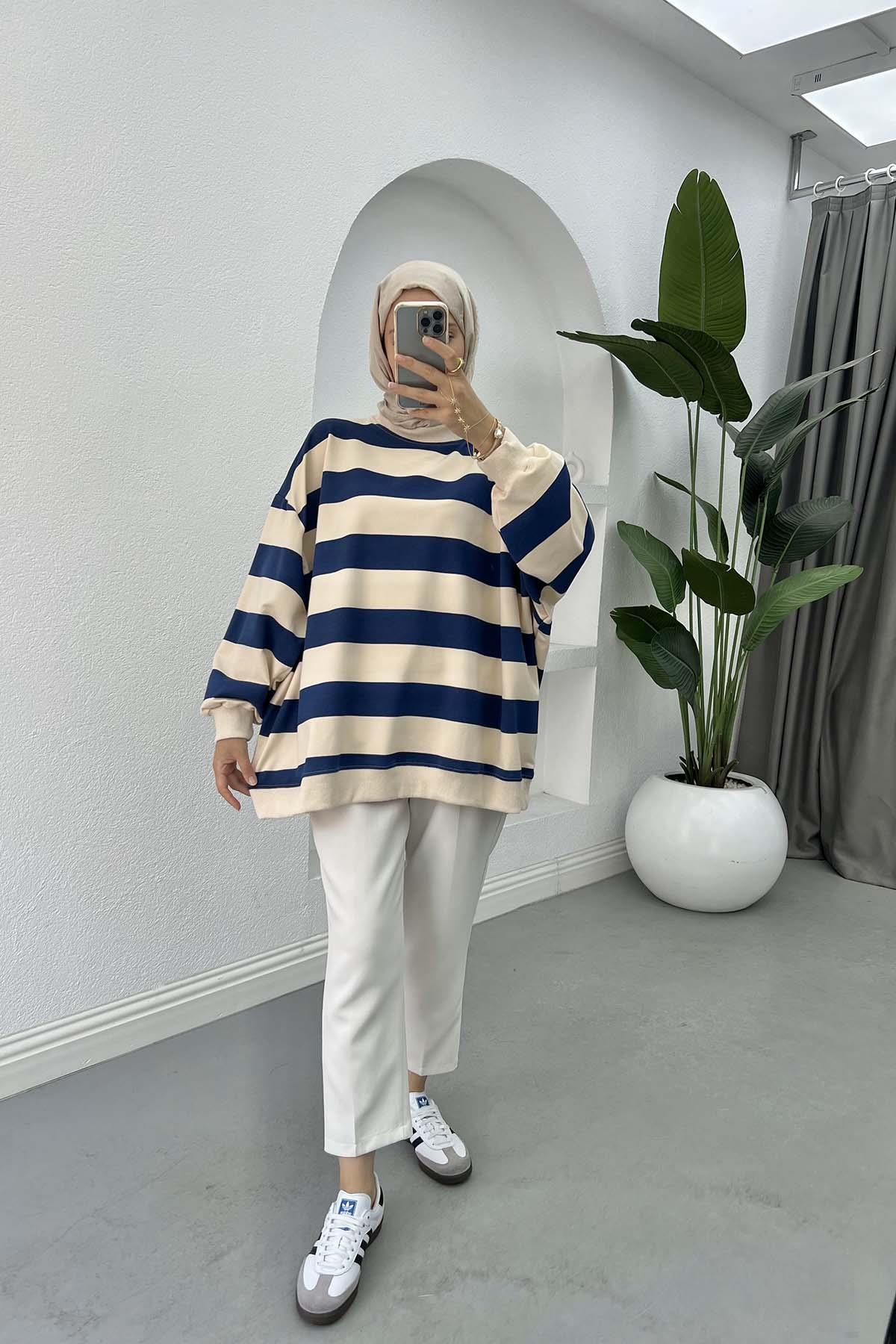 Kalın Çizgili Oversize Sweatshirt Lacivert