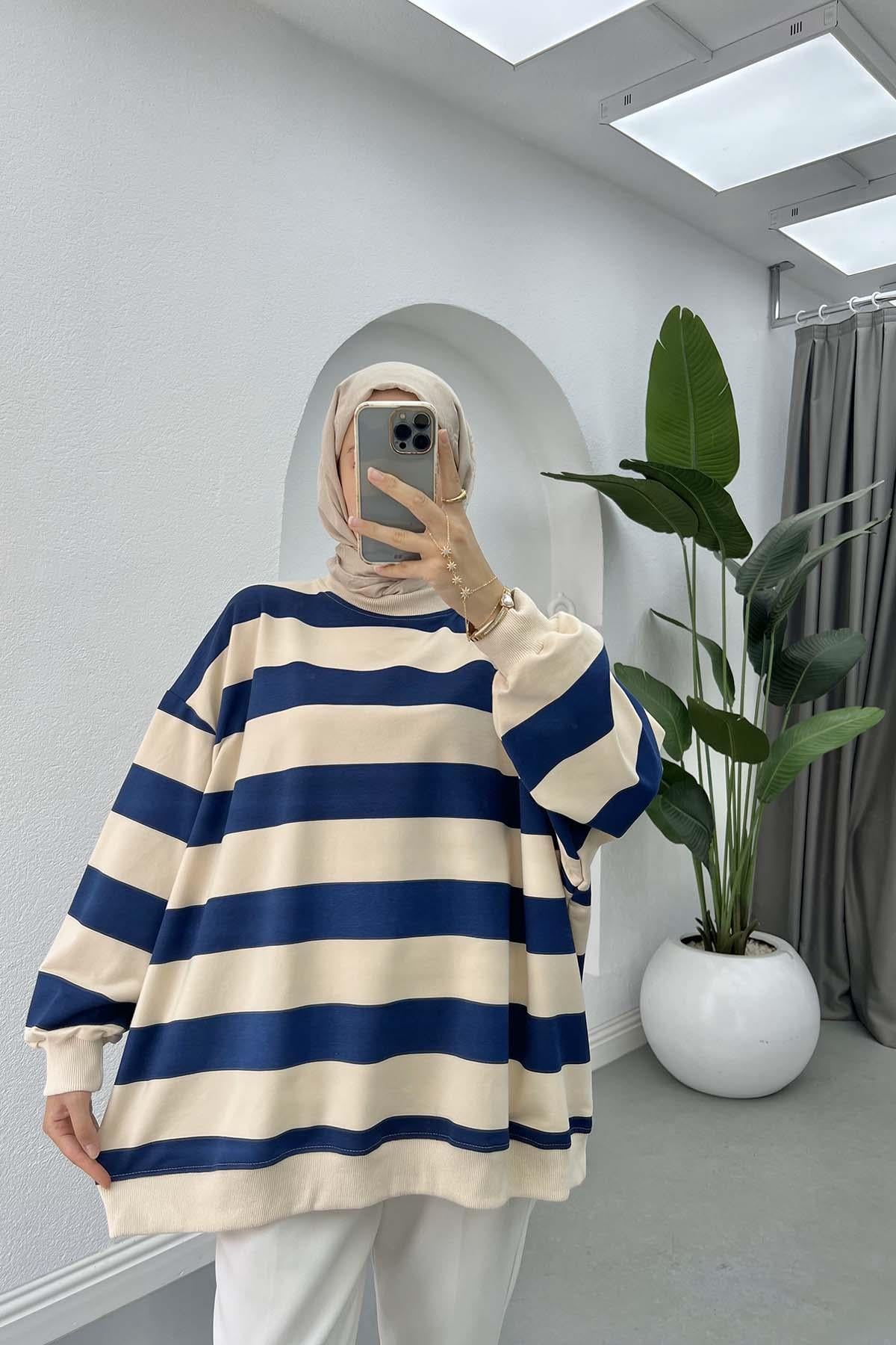 Kalın Çizgili Oversize Sweatshirt Lacivert