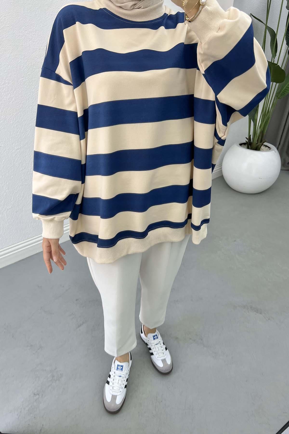 Kalın Çizgili Oversize Sweatshirt Lacivert