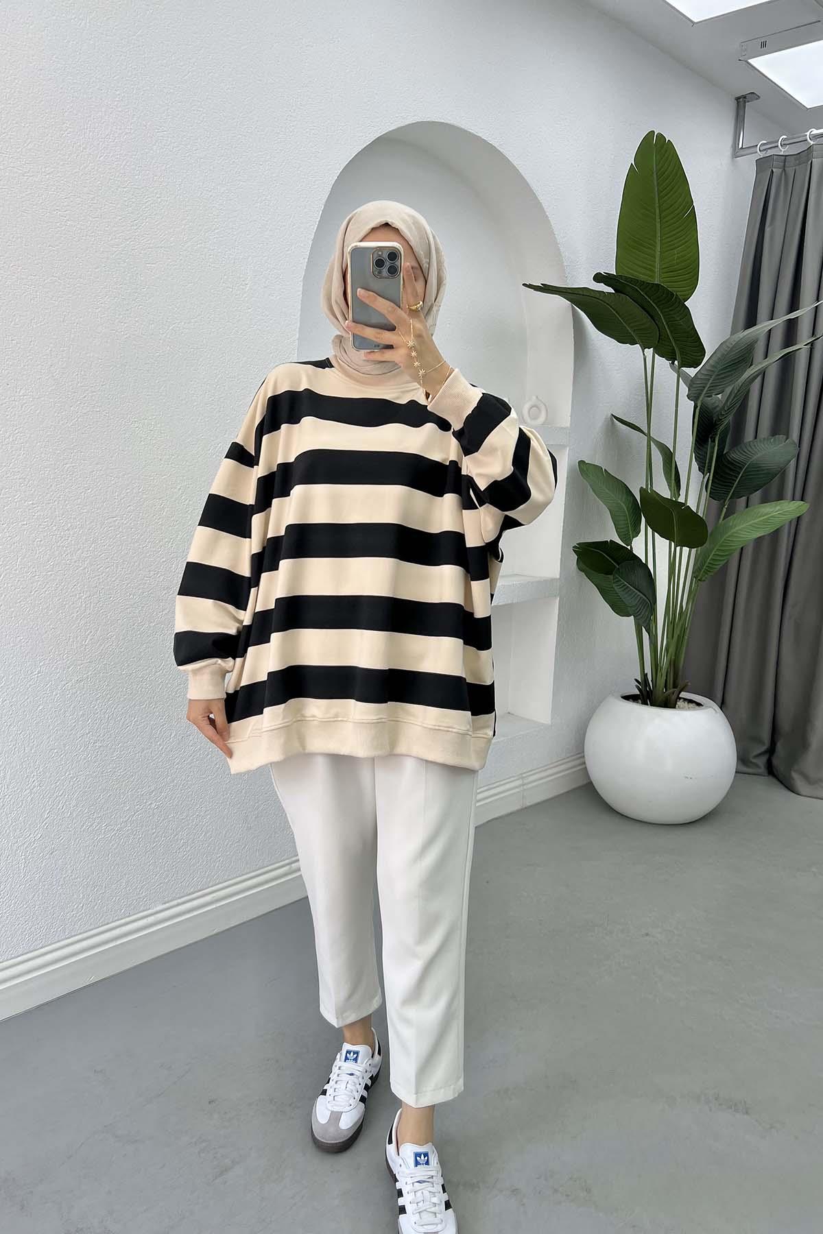 Kalın Çizgili Oversize Sweatshirt Siyah
