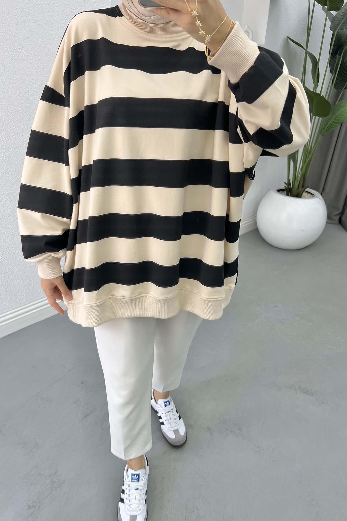 Kalın Çizgili Oversize Sweatshirt Siyah