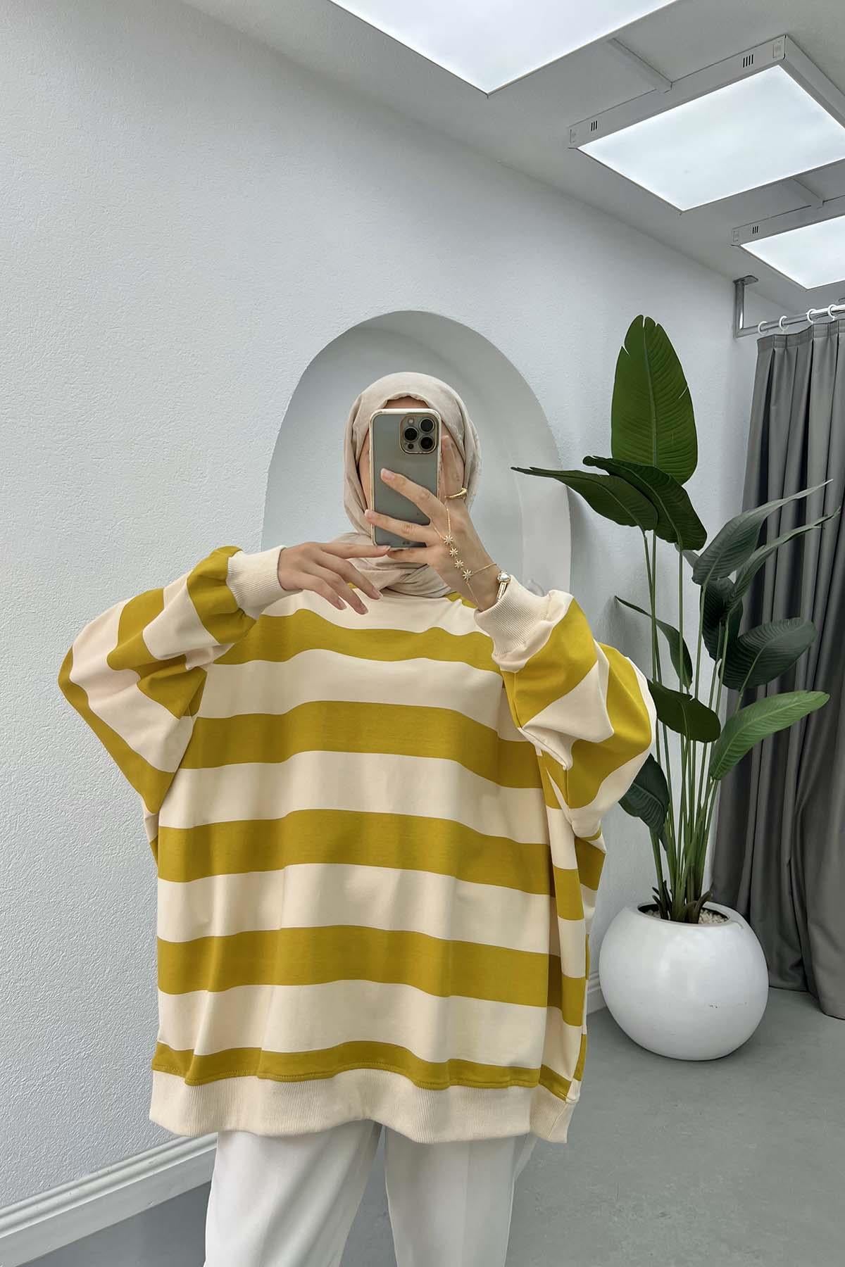 Kalın Çizgili Oversize Sweatshirt Yağ Yeşili