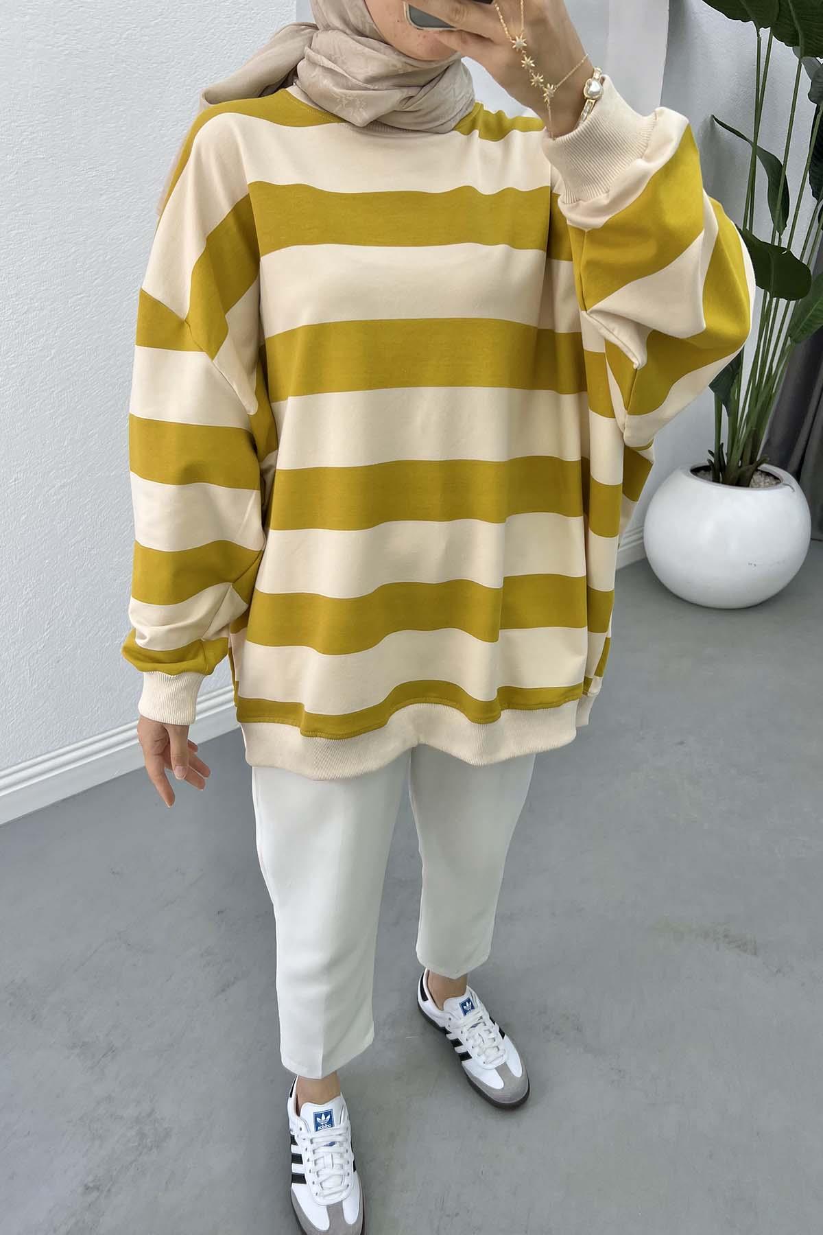 Kalın Çizgili Oversize Sweatshirt Yağ Yeşili