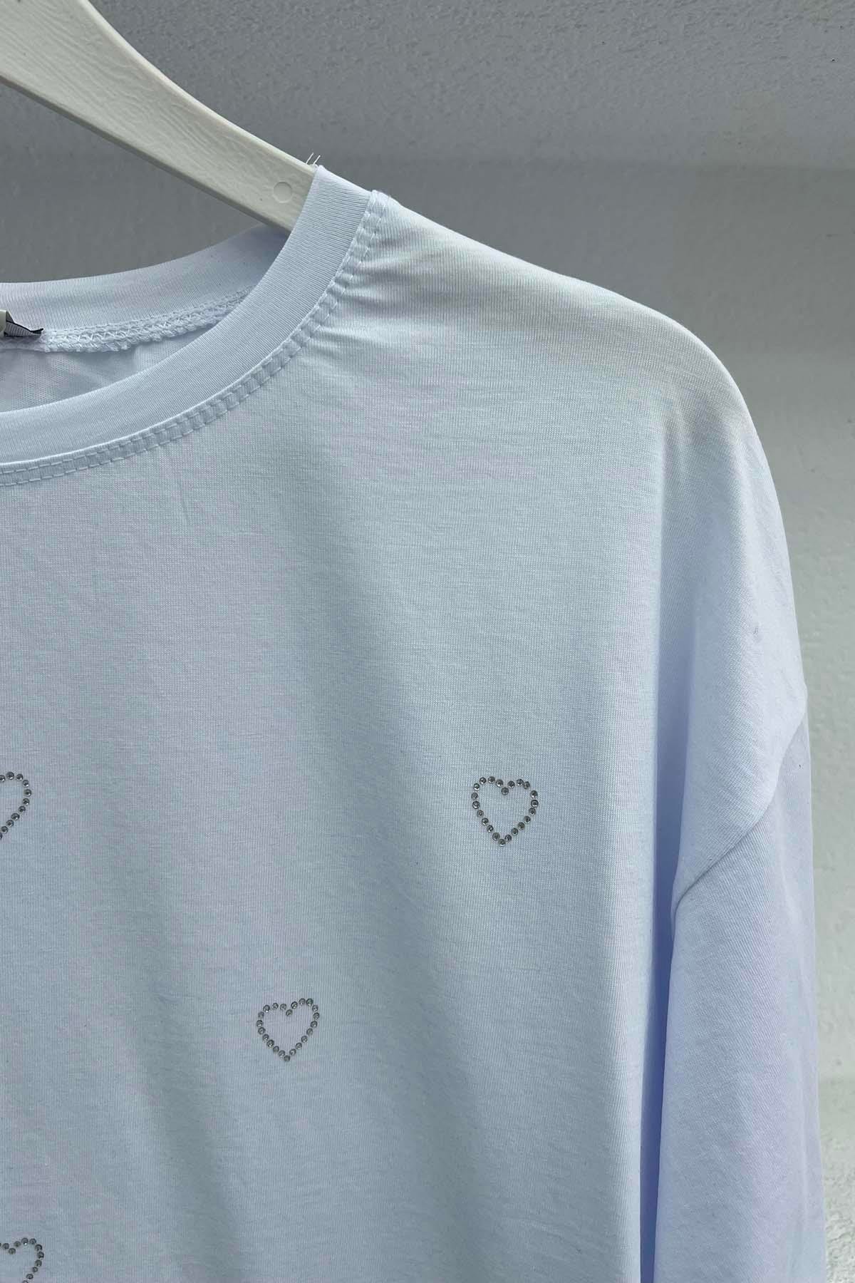 Kalp Taşlı T-Shirt Beyaz