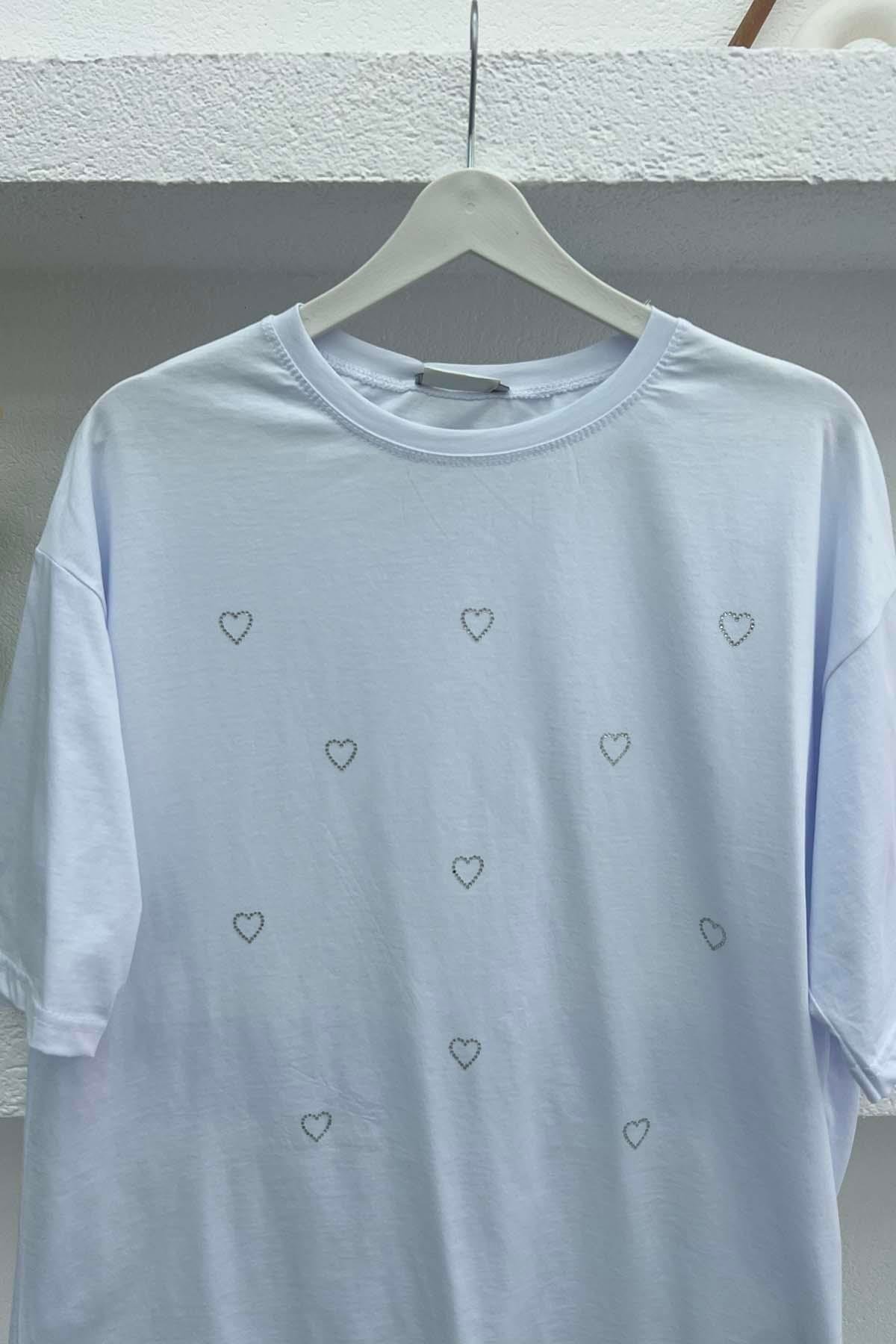 Kalp Taşlı T-Shirt Beyaz