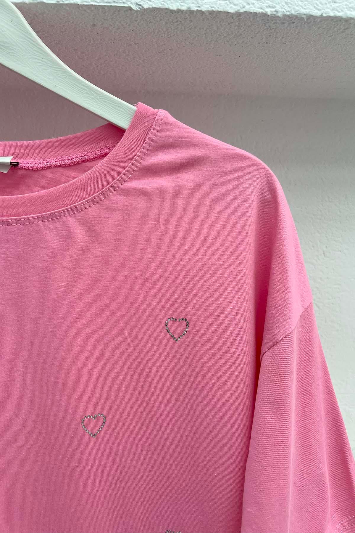Kalp Taşlı T-Shirt Pembe