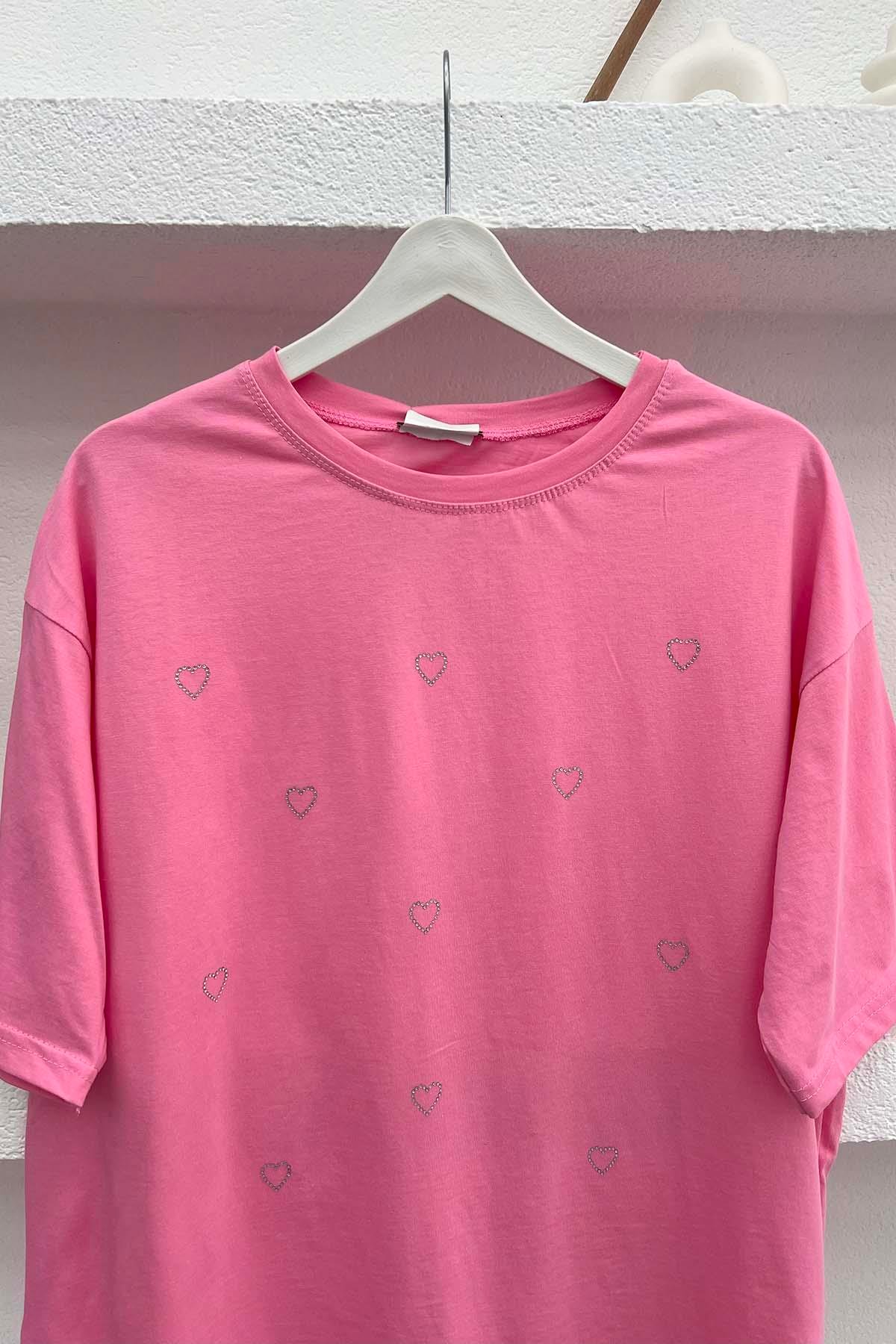 Kalp Taşlı T-Shirt Pembe