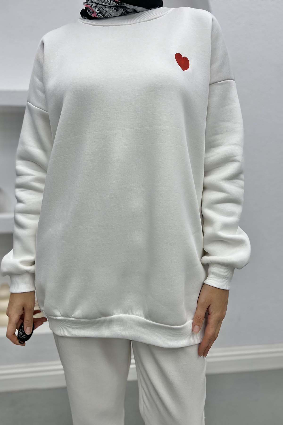 Kalpli Üç İplik Sweatshirt Beyaz
