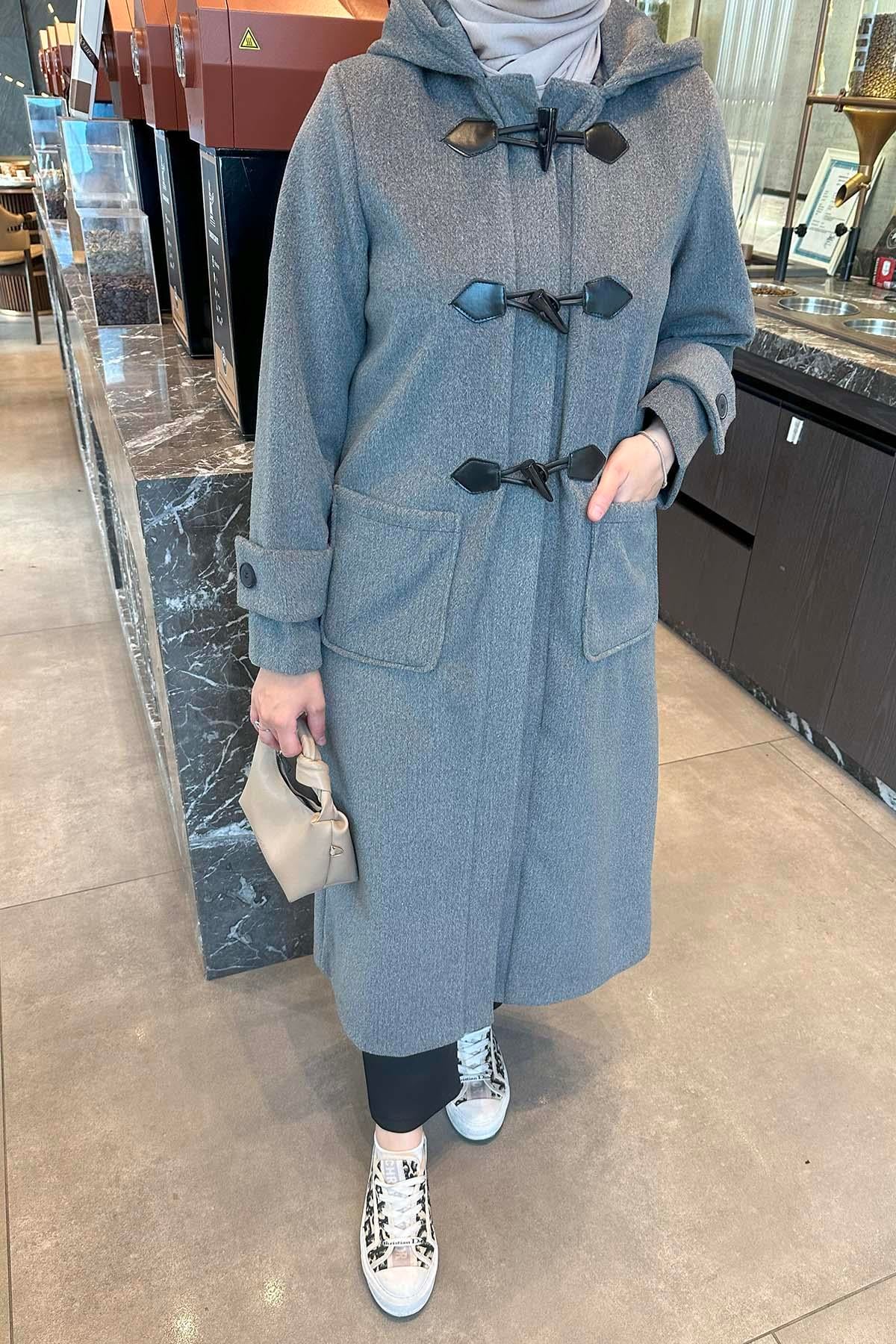 Kapişonlu Kaban Gri