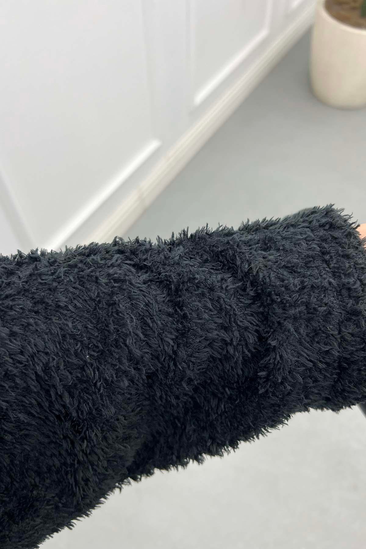 Kapişonlu Peluş Yelek Siyah