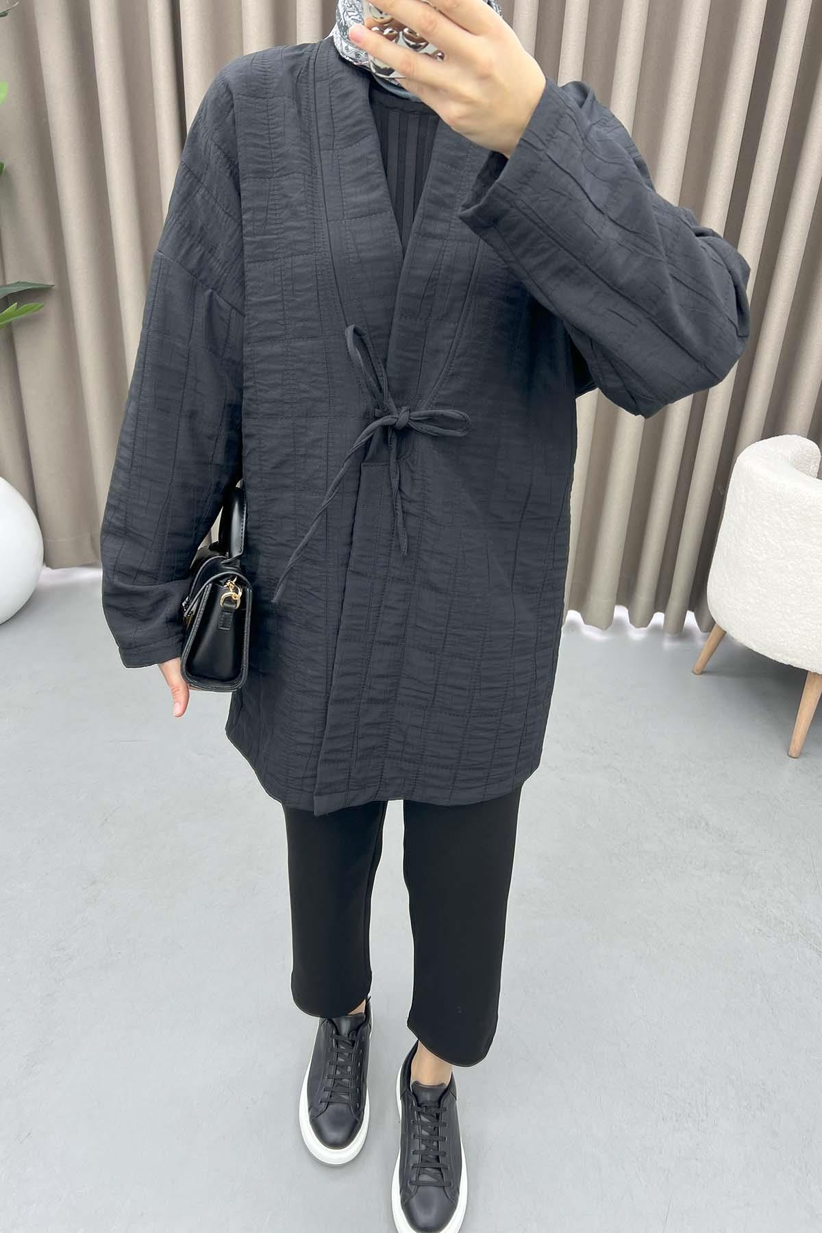 Kapitone Bağlamalı Kimono Siyah