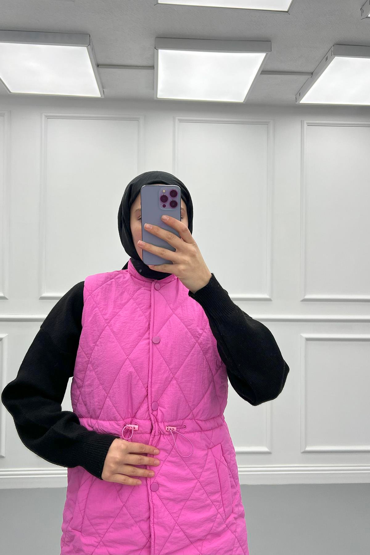 Kapitone Büzgülü Şişme Yelek Pembe