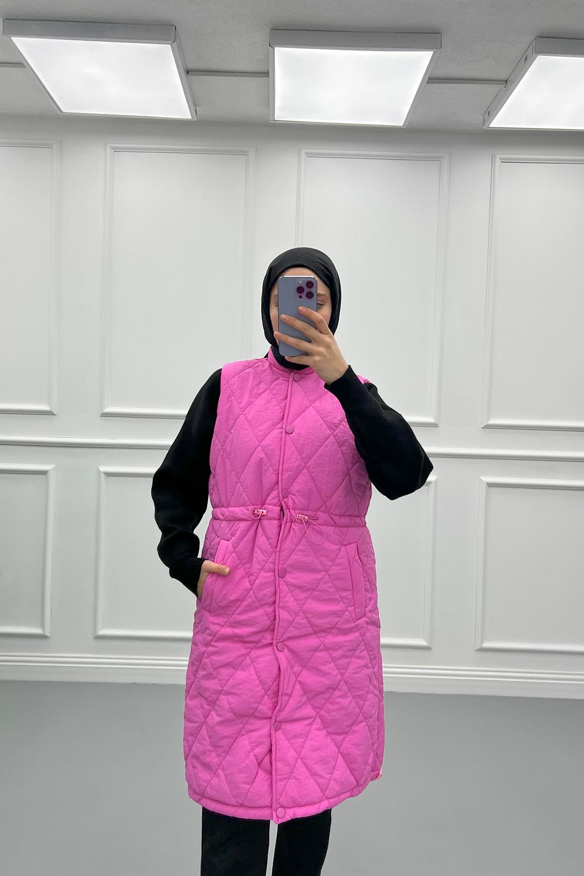 Kapitone Büzgülü Şişme Yelek Pembe