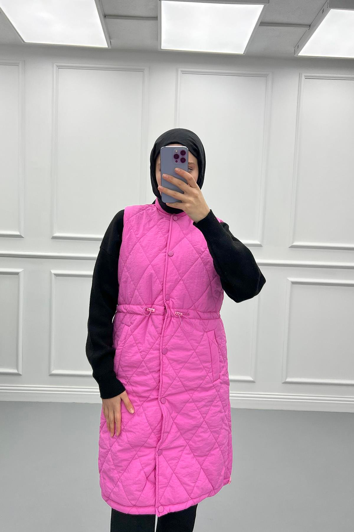 Kapitone Büzgülü Şişme Yelek Pembe