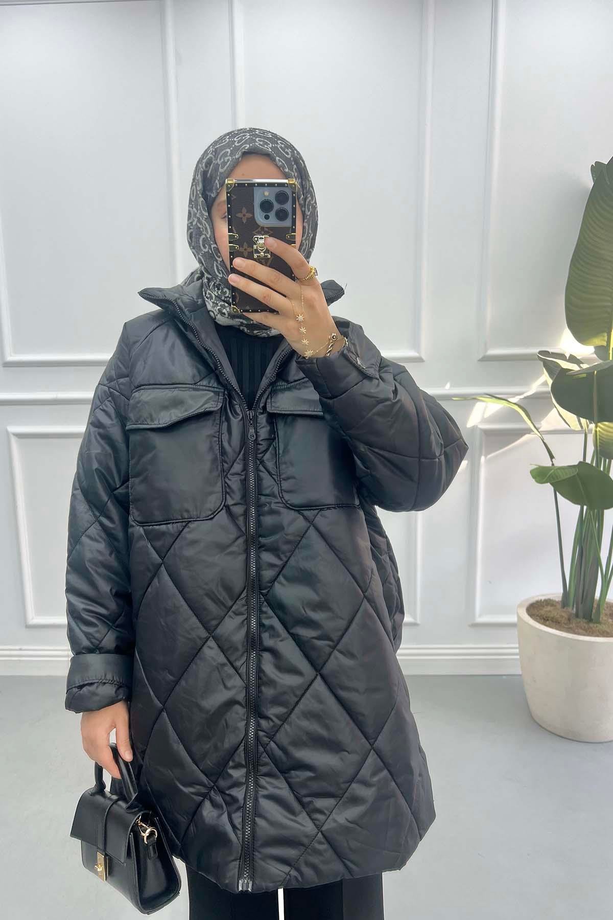 Kapitone Oversize Mont Siyah