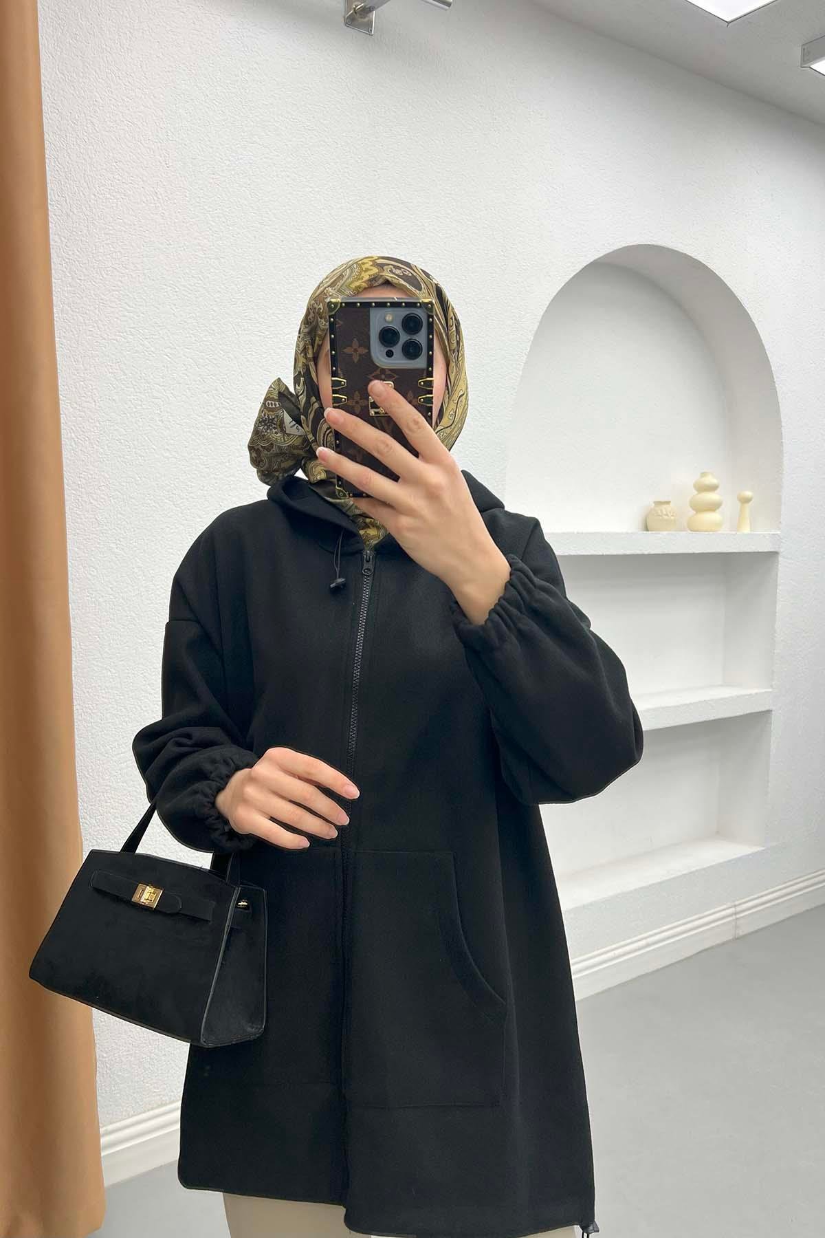 Kapşonlu Fermuarlı Tunik Siyah