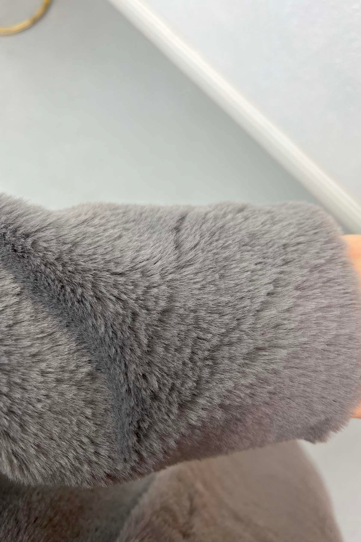 Kapşonlu Kürk Kaban Antrasit